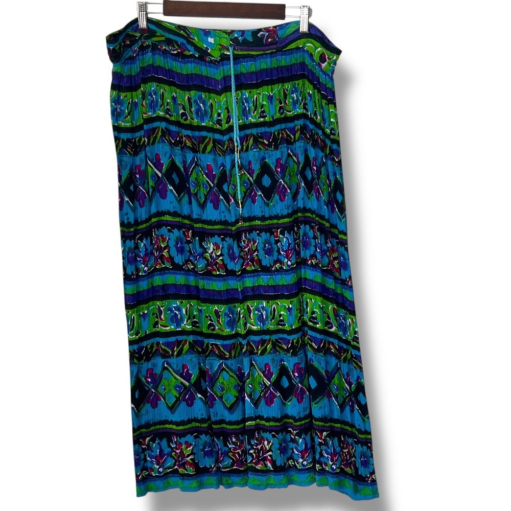 Worthington Boho Blue Green Floral Y2K Broomstick Pleated Maxi Skirt One Size